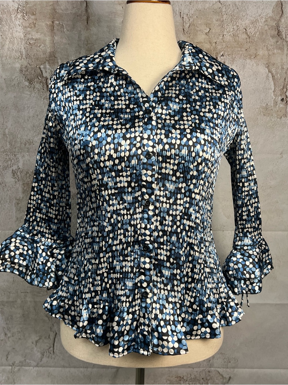 Essentials by Milano Navy and White Dot Ruffle Button-Up Blouse